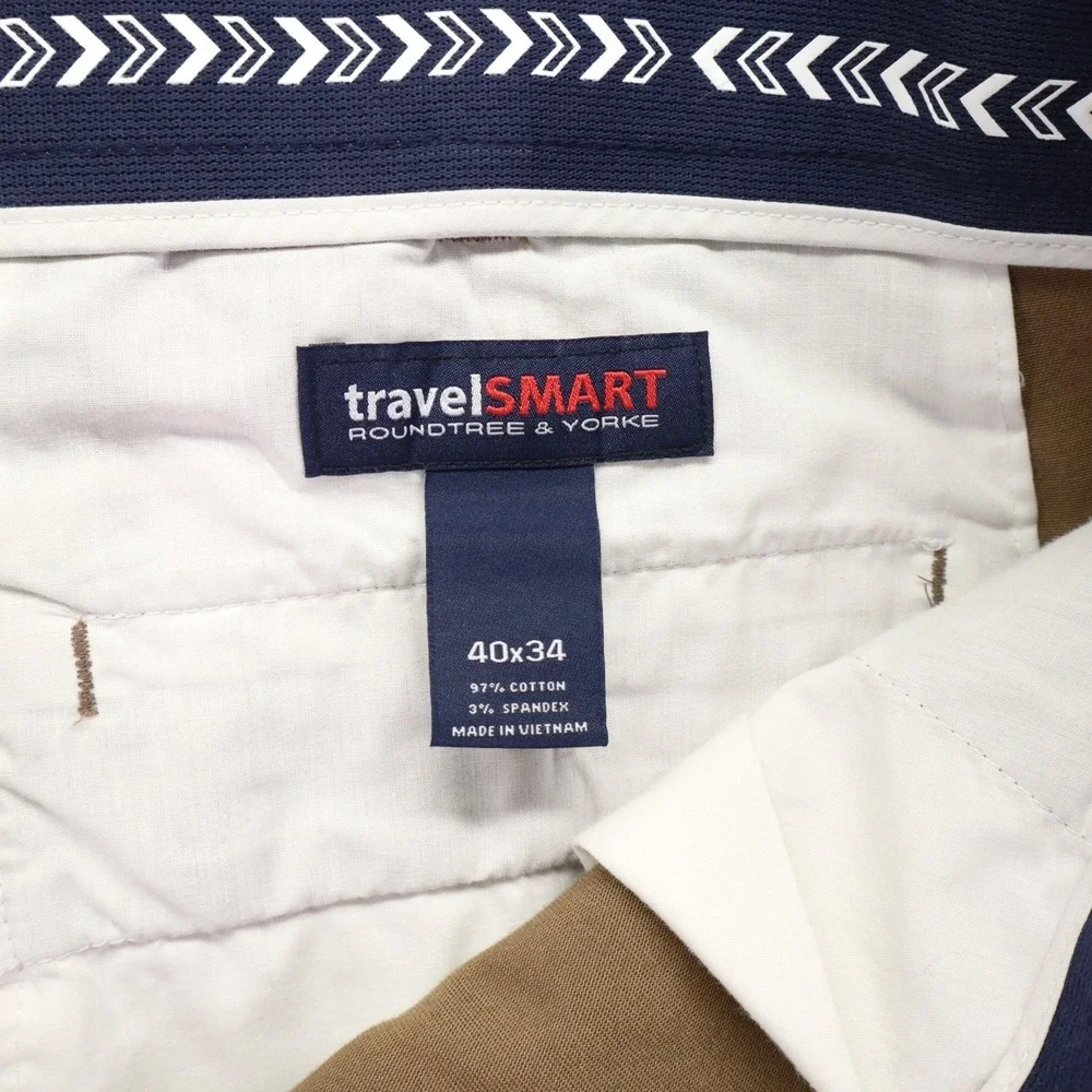 Roundtree & Yorke Pants Mens 40x34 TravelSmart Core Comfort Waistband Flex Khaki